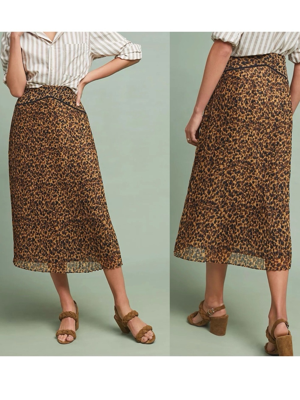 Anthropologie Ranna Gill Pleated Leopard Brown Black Print Midi Skirt